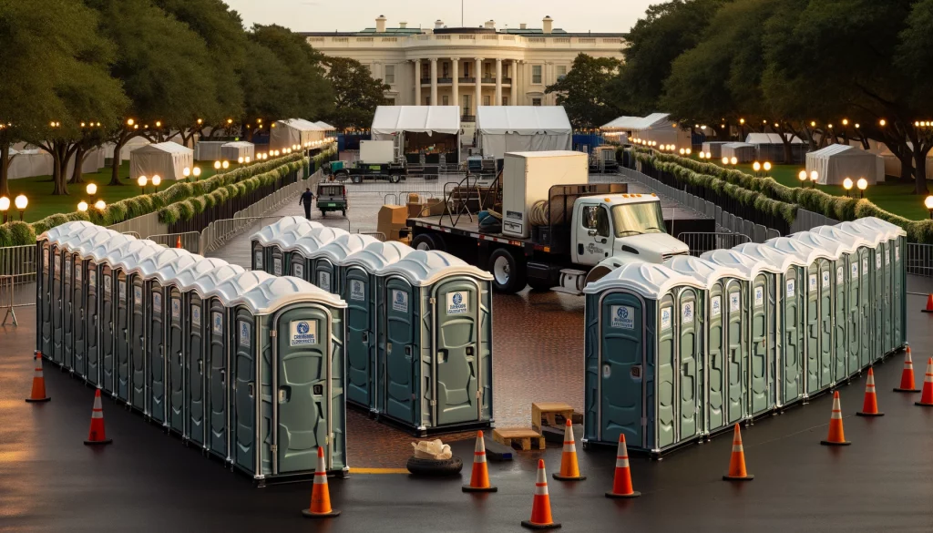Festival porta potty bank with barricades in Victoria, Texas